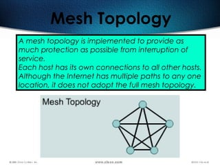20
Mesh Topology
A mesh topology is implemented to provide as
much protection as possible from interruption of
service.
Each host has its own connections to all other hosts.
Although the Internet has multiple paths to any one
location, it does not adopt the full mesh topology.
 