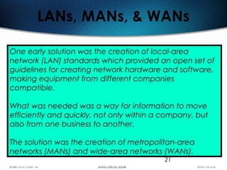 21
LANs, MANs, & WANs
One early solution was the creation of local-area
network (LAN) standards which provided an open set of
guidelines for creating network hardware and software,
making equipment from different companies
compatible.
What was needed was a way for information to move
efficiently and quickly, not only within a company, but
also from one business to another.
The solution was the creation of metropolitan-area
networks (MANs) and wide-area networks (WANs).
 
