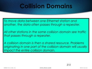 215
Collision Domains
To move data between one Ethernet station and
another, the data often passes through a repeater.
All other stations in the same collision domain see traffic
that passes through a repeater.
A collision domain is then a shared resource. Problems
originating in one part of the collision domain will usually
impact the entire collision domain.
 