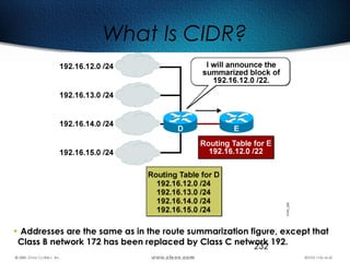 232
What Is CIDR?
• Addresses are the same as in the route summarization figure, except that
Class B network 172 has been replaced by Class C network 192.
 