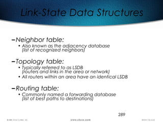289
Link-State Data Structures
–Neighbor table:
• Also known as the adjacency database
(list of recognized neighbors)
–Topology table:
• Typically referred to as LSDB
(routers and links in the area or network)
• All routers within an area have an identical LSDB
–Routing table:
• Commonly named a forwarding database
(list of best paths to destinations)
 