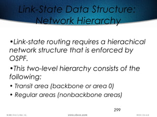 299
Link-State Data Structure:
Network Hierarchy
•Link-state routing requires a hierachical
network structure that is enforced by
OSPF.
•This two-level hierarchy consists of the
following:
• Transit area (backbone or area 0)
• Regular areas (nonbackbone areas)
 