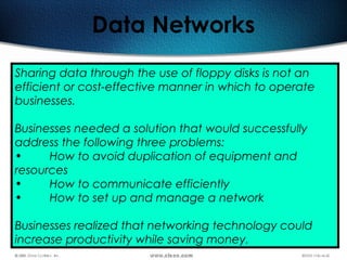 3
Data Networks
Sharing data through the use of floppy disks is not an
efficient or cost-effective manner in which to operate
businesses.
Businesses needed a solution that would successfully
address the following three problems:
• How to avoid duplication of equipment and
resources
• How to communicate efficiently
• How to set up and manage a network
Businesses realized that networking technology could
increase productivity while saving money.
 