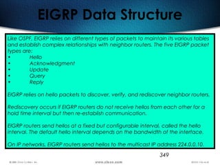 349
EIGRP Data Structure
Like OSPF, EIGRP relies on different types of packets to maintain its various tables
and establish complex relationships with neighbor routers. The five EIGRP packet
types are:
• Hello
• Acknowledgment
• Update
• Query
• Reply
EIGRP relies on hello packets to discover, verify, and rediscover neighbor routers.
Rediscovery occurs if EIGRP routers do not receive hellos from each other for a
hold time interval but then re-establish communication.
EIGRP routers send hellos at a fixed but configurable interval, called the hello
interval. The default hello interval depends on the bandwidth of the interface.
On IP networks, EIGRP routers send hellos to the multicast IP address 224.0.0.10.
 