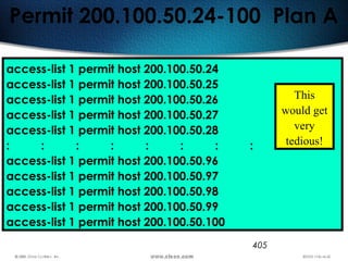405
Permit 200.100.50.24-100 Plan A
access-list 1 permit host 200.100.50.24
access-list 1 permit host 200.100.50.25
access-list 1 permit host 200.100.50.26
access-list 1 permit host 200.100.50.27
access-list 1 permit host 200.100.50.28
: : : : : : : :
access-list 1 permit host 200.100.50.96
access-list 1 permit host 200.100.50.97
access-list 1 permit host 200.100.50.98
access-list 1 permit host 200.100.50.99
access-list 1 permit host 200.100.50.100
This
would get
very
tedious!
 