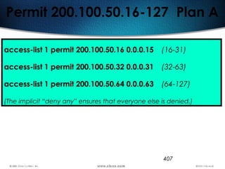 407
Permit 200.100.50.16-127 Plan A
access-list 1 permit 200.100.50.16 0.0.0.15 (16-31)
access-list 1 permit 200.100.50.32 0.0.0.31 (32-63)
access-list 1 permit 200.100.50.64 0.0.0.63 (64-127)
(The implicit “deny any” ensures that everyone else is denied.)
 