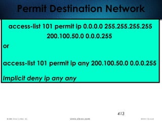 413
Permit Destination Network
access-list 101 permit ip 0.0.0.0 255.255.255.255
200.100.50.0 0.0.0.255
or
access-list 101 permit ip any 200.100.50.0 0.0.0.255
Implicit deny ip any any
 