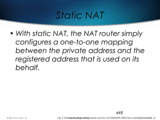 448
Static NAT
• With static NAT, the NAT router simply
configures a one-to-one mapping
between the private address and the
registered address that is used on its
behalf.
Fig. 2 Address shortage and possible solutions (TI1332EU02TI_0003 New Address Concepts, 5)
 