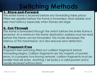 470
Switching Methods
1. Store-and-Forward
The entire frame is received before any forwarding takes place.
Filters are applied before the frame is forwarded. Most reliable and
also most latency especially when frames are large.
2. Cut-Through
The frame is forwarded through the switch before the entire frame is
received. At a minimum the frame destination address must be read
before the frame can be forwarded. This mode decreases the
latency of the transmission, but also reduces error detection. 
3. Fragment-Free
Fragment-free switching filters out collision fragments before
forwarding begins. Collision fragments are the majority of packet
errors. In a properly functioning network, collision fragments must be
smaller than 64 bytes. Anything > 64 bytes is a valid packet and is
usually received without error.
 