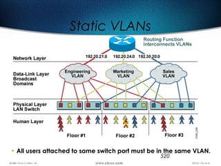 520
• All users attached to same switch port must be in the same VLAN.
Static VLANs
 