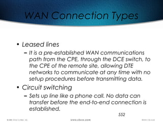 552
WAN Connection Types
• Leased lines
– It is a pre-established WAN communications
path from the CPE, through the DCE switch, to
the CPE of the remote site, allowing DTE
networks to communicate at any time with no
setup procedures before transmitting data.
• Circuit switching
– Sets up line like a phone call. No data can
transfer before the end-to-end connection is
established.
 