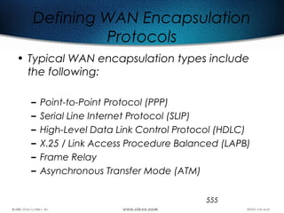 555
Defining WAN Encapsulation
Protocols
• Typical WAN encapsulation types include
the following:
– Point-to-Point Protocol (PPP)
– Serial Line Internet Protocol (SLIP)
– High-Level Data Link Control Protocol (HDLC)
– X.25 / Link Access Procedure Balanced (LAPB)
– Frame Relay
– Asynchronous Transfer Mode (ATM)
 
