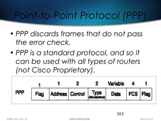 563
Point-to-Point Protocol (PPP)
• PPP discards frames that do not pass
the error check.
• PPP is a standard protocol, and so it
can be used with all types of routers
(not Cisco Proprietary).
 