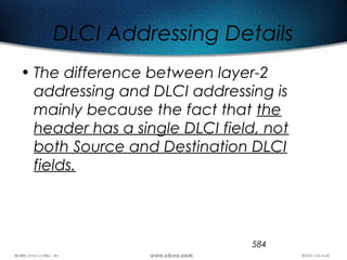 584
DLCI Addressing Details
• The difference between layer-2
addressing and DLCI addressing is
mainly because the fact that the
header has a single DLCI field, not
both Source and Destination DLCI
fields.
 