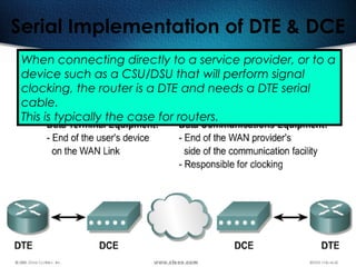 80
Serial Implementation of DTE & DCE
When connecting directly to a service provider, or to a
device such as a CSU/DSU that will perform signal
clocking, the router is a DTE and needs a DTE serial
cable.
This is typically the case for routers.
 