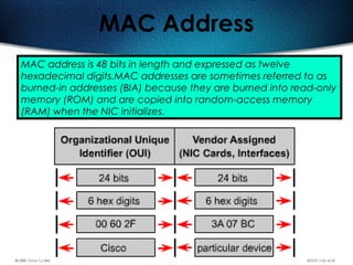 86
MAC Address
MAC address is 48 bits in length and expressed as twelve
hexadecimal digits.MAC addresses are sometimes referred to as
burned-in addresses (BIA) because they are burned into read-only
memory (ROM) and are copied into random-access memory
(RAM) when the NIC initializes.
 