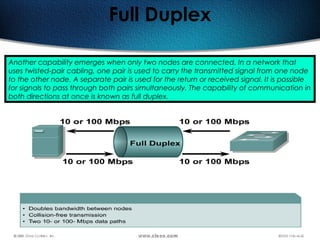92
Full Duplex
Another capability emerges when only two nodes are connected. In a network that
uses twisted-pair cabling, one pair is used to carry the transmitted signal from one node
to the other node. A separate pair is used for the return or received signal. It is possible
for signals to pass through both pairs simultaneously. The capability of communication in
both directions at once is known as full duplex.
 