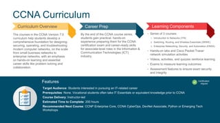 4
© 2019 Cisco and/or its affiliates. All rights reserved. Cisco Public
CCNA Curriculum
Target Audience: Students interested in pursuing an IT-related career
Prerequisites: None. Vocational students often take IT Essentials or equivalent knowledge prior to CCNA
Course Delivery: Instructor-led
Estimated Time to Complete: 200 hours
Recommended Next Course: CCNP Enterprise Core, CCNA CyberOps, DevNet Associate, Python or Emerging Tech
Workshops
Features
The courses in the CCNA Version 7.0
curriculum help students develop a
comprehensive foundation for designing,
securing, operating, and troubleshooting
modern computer networks, on the scale
from small business networks to
enterprise networks, with an emphasis
on hands-on learning and essential
career skills like problem solving and
collaboration.
Curriculum Overview
By the end of the CCNA course series,
students gain practical, hands-on
experience preparing them for the CCNA
certification exam and career-ready skills
for associate-level roles in the Information &
Communication Technologies (ICT)
industry.
Career Prep
• Series of 3 courses:
1. Introduction to Networks (ITN)
2. Switching, Routing, and Wireless Essentials (SRWE)
3. Enterprise Networking, Security, and Automation (ENSA)
• Hands-on labs and Cisco Packet Tracer
network simulation activities
• Videos, activities, and quizzes reinforce learning
• Exams to measure learning outcomes
• Assessment features to ensure exam security
and integrity
Learning Components
Certification
Aligned
 