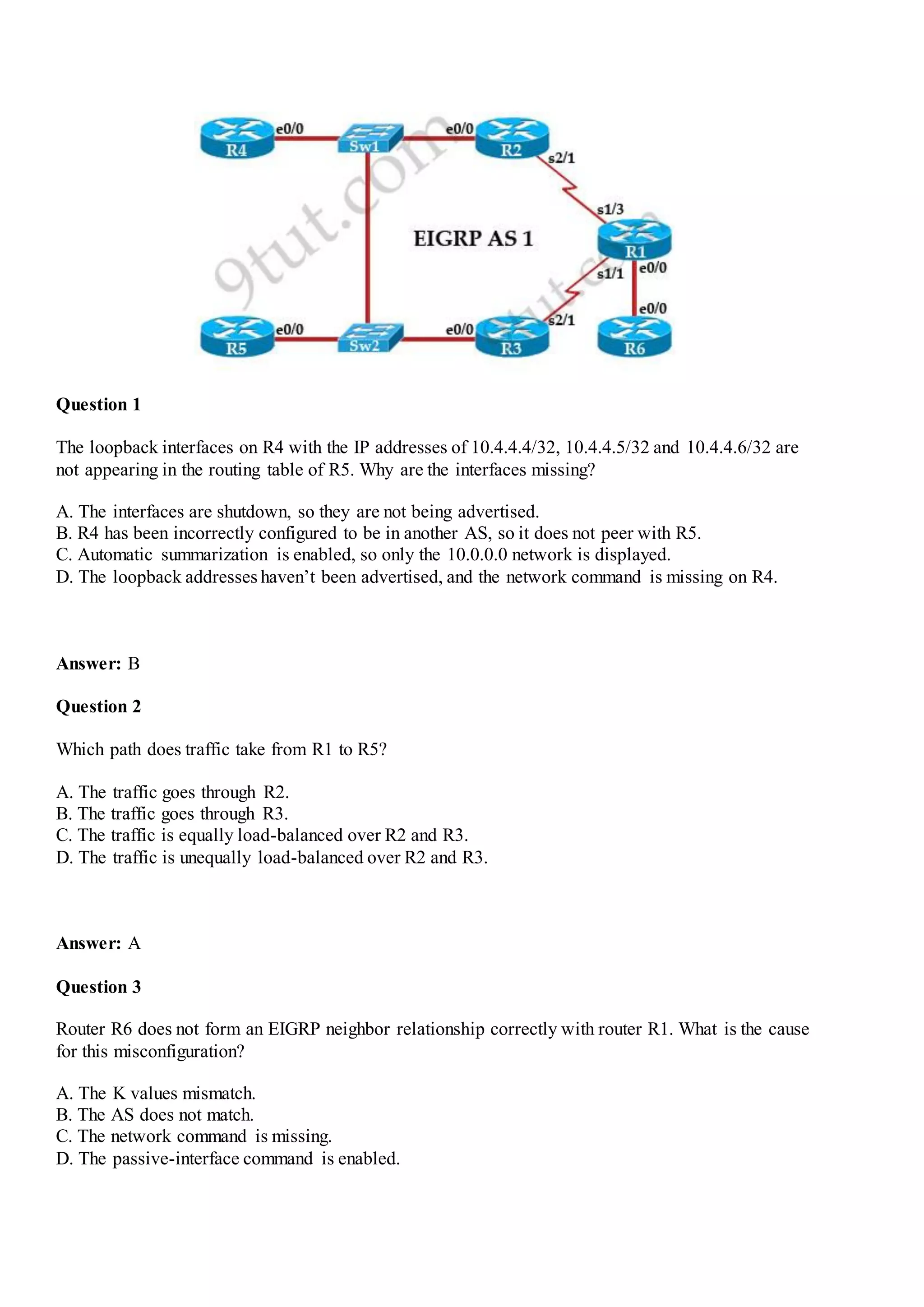 Question 1
The loopback interfaces on R4 with the IP addresses of 10.4.4.4/32, 10.4.4.5/32 and 10.4.4.6/32 are
not appearing in the routing table of R5. Why are the interfaces missing?
A. The interfaces are shutdown, so they are not being advertised.
B. R4 has been incorrectly configured to be in another AS, so it does not peer with R5.
C. Automatic summarization is enabled, so only the 10.0.0.0 network is displayed.
D. The loopback addresses haven‟t been advertised, and the network command is missing on R4.
Answer: B
Question 2
Which path does traffic take from R1 to R5?
A. The traffic goes through R2.
B. The traffic goes through R3.
C. The traffic is equally load-balanced over R2 and R3.
D. The traffic is unequally load-balanced over R2 and R3.
Answer: A
Question 3
Router R6 does not form an EIGRP neighbor relationship correctly with router R1. What is the cause
for this misconfiguration?
A. The K values mismatch.
B. The AS does not match.
C. The network command is missing.
D. The passive-interface command is enabled.
 