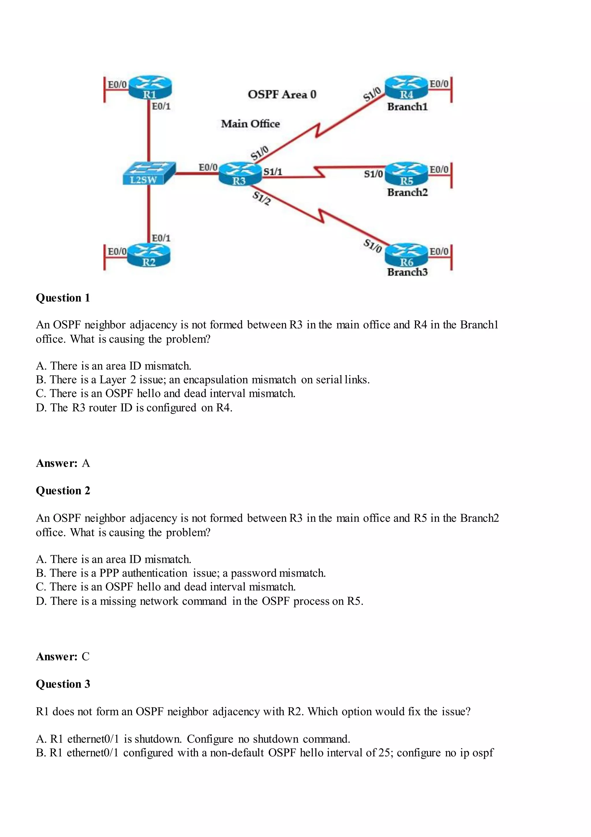 Question 1
An OSPF neighbor adjacency is not formed between R3 in the main office and R4 in the Branch1
office. What is causing the problem?
A. There is an area ID mismatch.
B. There is a Layer 2 issue; an encapsulation mismatch on serial links.
C. There is an OSPF hello and dead interval mismatch.
D. The R3 router ID is configured on R4.
Answer: A
Question 2
An OSPF neighbor adjacency is not formed between R3 in the main office and R5 in the Branch2
office. What is causing the problem?
A. There is an area ID mismatch.
B. There is a PPP authentication issue; a password mismatch.
C. There is an OSPF hello and dead interval mismatch.
D. There is a missing network command in the OSPF process on R5.
Answer: C
Question 3
R1 does not form an OSPF neighbor adjacency with R2. Which option would fix the issue?
A. R1 ethernet0/1 is shutdown. Configure no shutdown command.
B. R1 ethernet0/1 configured with a non-default OSPF hello interval of 25; configure no ip ospf
 
