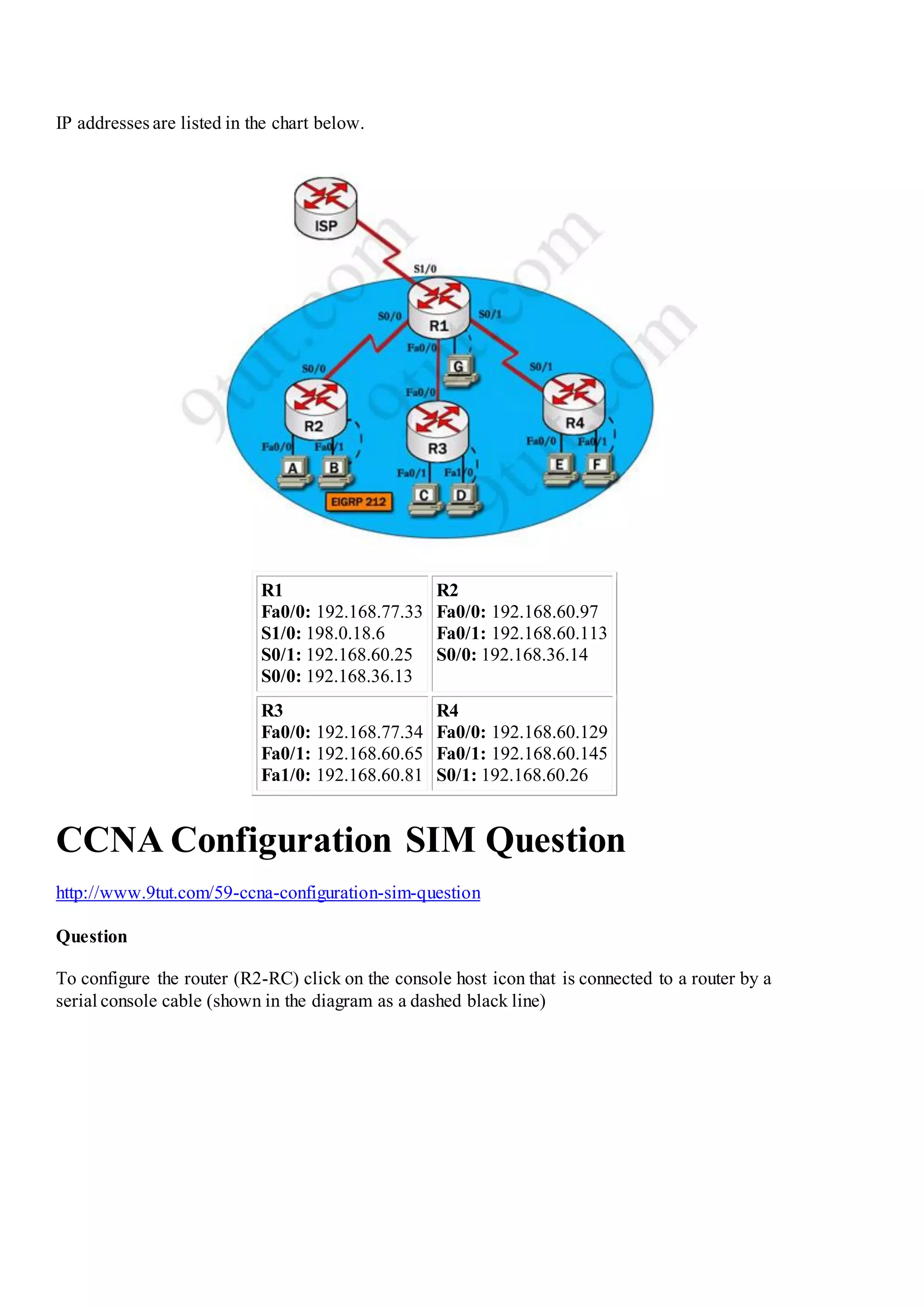 IP addresses are listed in the chart below.
R1
Fa0/0: 192.168.77.33
S1/0: 198.0.18.6
S0/1: 192.168.60.25
S0/0: 192.168.36.13
R2
Fa0/0: 192.168.60.97
Fa0/1: 192.168.60.113
S0/0: 192.168.36.14
R3
Fa0/0: 192.168.77.34
Fa0/1: 192.168.60.65
Fa1/0: 192.168.60.81
R4
Fa0/0: 192.168.60.129
Fa0/1: 192.168.60.145
S0/1: 192.168.60.26
CCNA Configuration SIM Question
http://www.9tut.com/59-ccna-configuration-sim-question
Question
To configure the router (R2-RC) click on the console host icon that is connected to a router by a
serial console cable (shown in the diagram as a dashed black line)
 