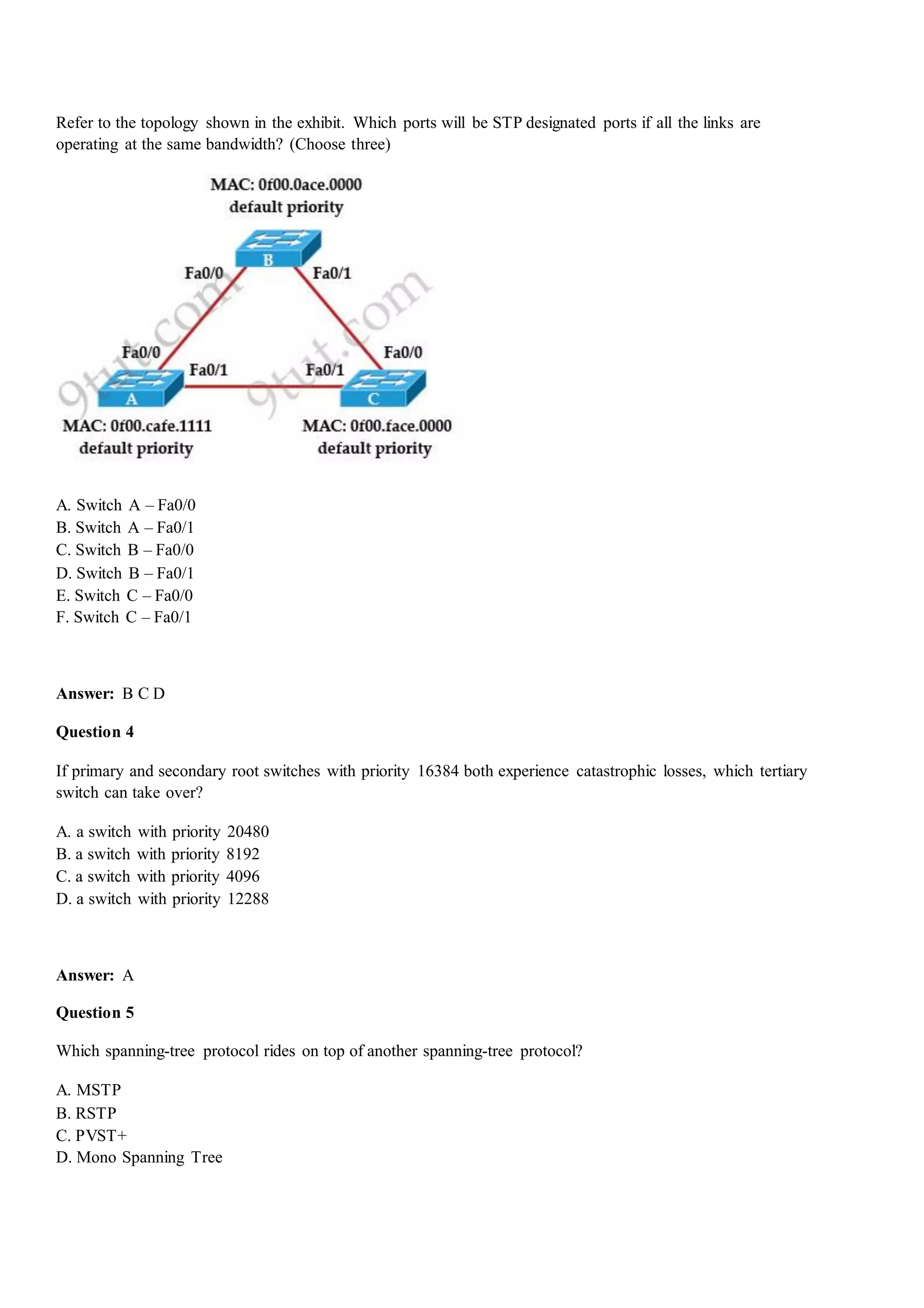 Refer to the topology shown in the exhibit. Which ports will be STP designated ports if all the links are
operating at the same bandwidth? (Choose three)
A. Switch A – Fa0/0
B. Switch A – Fa0/1
C. Switch B – Fa0/0
D. Switch B – Fa0/1
E. Switch C – Fa0/0
F. Switch C – Fa0/1
Answer: B C D
Question 4
If primary and secondary root switches with priority 16384 both experience catastrophic losses, which tertiary
switch can take over?
A. a switch with priority 20480
B. a switch with priority 8192
C. a switch with priority 4096
D. a switch with priority 12288
Answer: A
Question 5
Which spanning-tree protocol rides on top of another spanning-tree protocol?
A. MSTP
B. RSTP
C. PVST+
D. Mono Spanning Tree
 