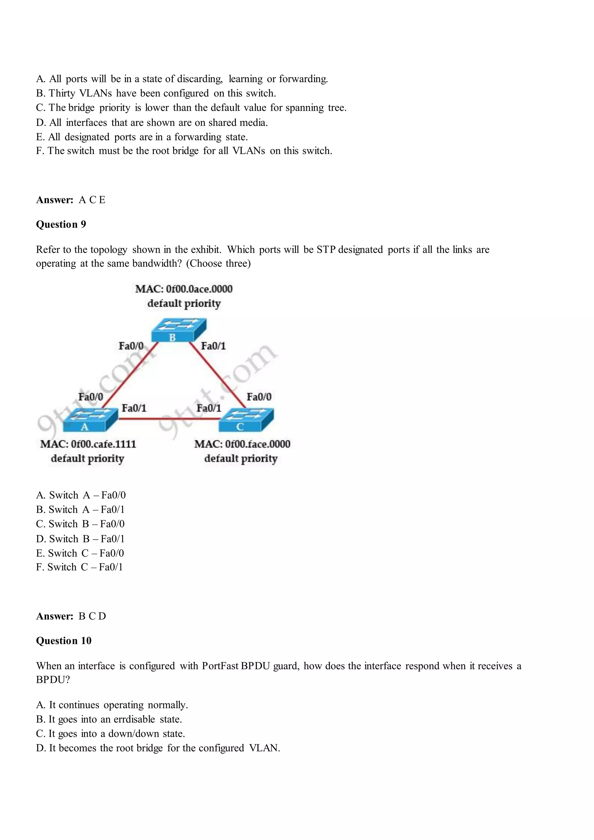 A. All ports will be in a state of discarding, learning or forwarding.
B. Thirty VLANs have been configured on this switch.
C. The bridge priority is lower than the default value for spanning tree.
D. All interfaces that are shown are on shared media.
E. All designated ports are in a forwarding state.
F. The switch must be the root bridge for all VLANs on this switch.
Answer: A C E
Question 9
Refer to the topology shown in the exhibit. Which ports will be STP designated ports if all the links are
operating at the same bandwidth? (Choose three)
A. Switch A – Fa0/0
B. Switch A – Fa0/1
C. Switch B – Fa0/0
D. Switch B – Fa0/1
E. Switch C – Fa0/0
F. Switch C – Fa0/1
Answer: B C D
Question 10
When an interface is configured with PortFast BPDU guard, how does the interface respond when it receives a
BPDU?
A. It continues operating normally.
B. It goes into an errdisable state.
C. It goes into a down/down state.
D. It becomes the root bridge for the configured VLAN.
 