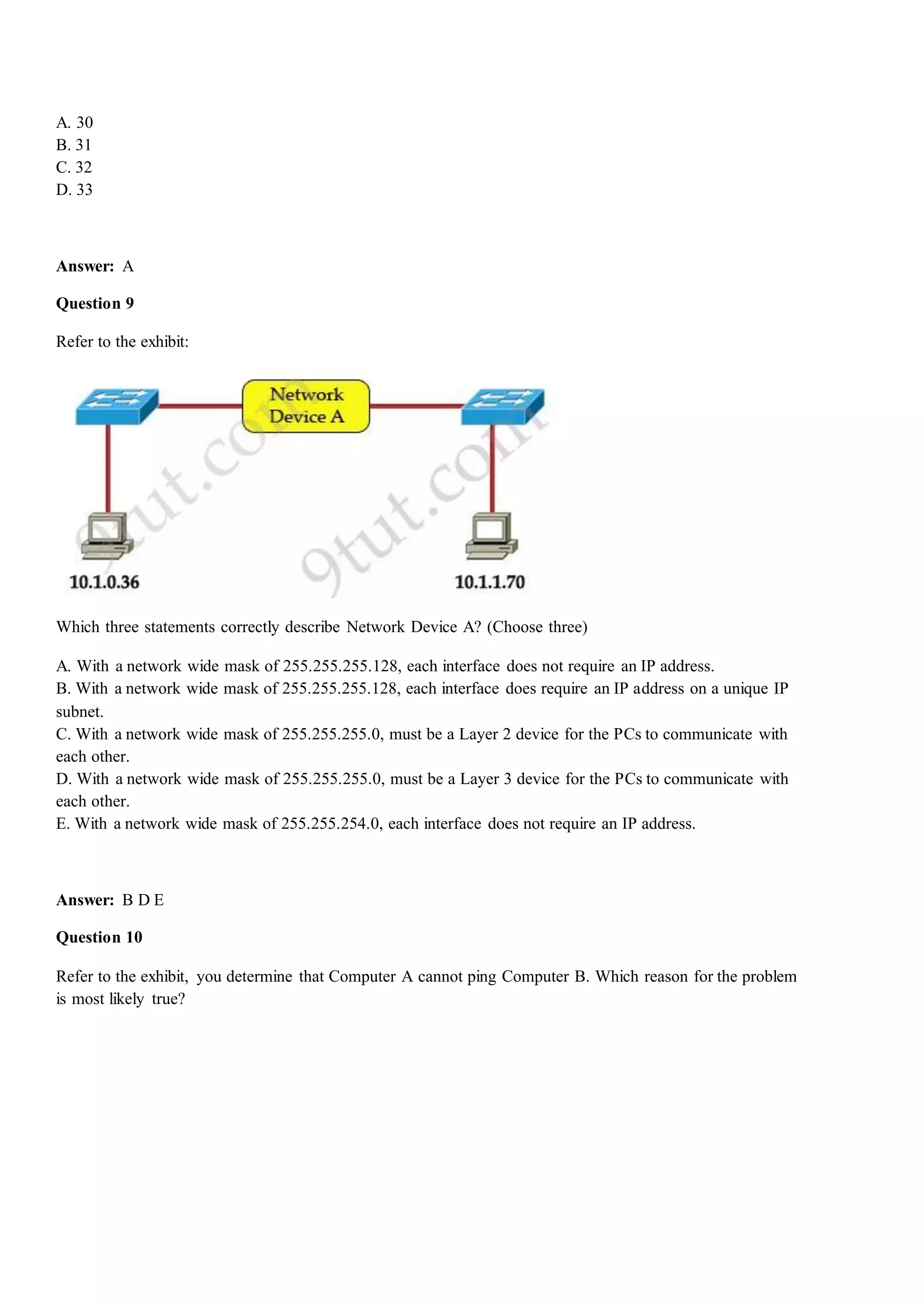 A. 30
B. 31
C. 32
D. 33
Answer: A
Question 9
Refer to the exhibit:
Which three statements correctly describe Network Device A? (Choose three)
A. With a network wide mask of 255.255.255.128, each interface does not require an IP address.
B. With a network wide mask of 255.255.255.128, each interface does require an IP address on a unique IP
subnet.
C. With a network wide mask of 255.255.255.0, must be a Layer 2 device for the PCs to communicate with
each other.
D. With a network wide mask of 255.255.255.0, must be a Layer 3 device for the PCs to communicate with
each other.
E. With a network wide mask of 255.255.254.0, each interface does not require an IP address.
Answer: B D E
Question 10
Refer to the exhibit, you determine that Computer A cannot ping Computer B. Which reason for the problem
is most likely true?
 
