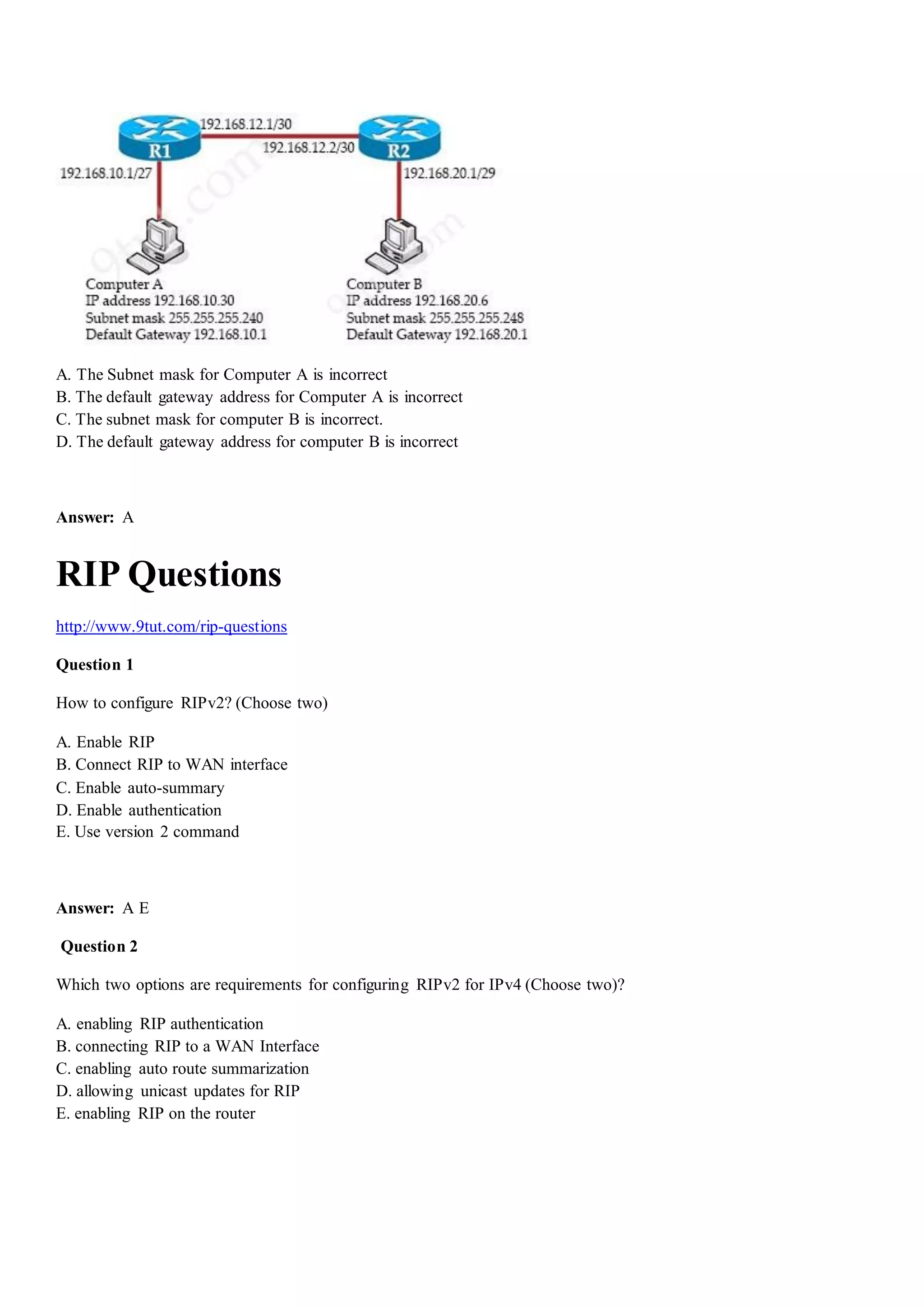 A. The Subnet mask for Computer A is incorrect
B. The default gateway address for Computer A is incorrect
C. The subnet mask for computer B is incorrect.
D. The default gateway address for computer B is incorrect
Answer: A
RIP Questions
http://www.9tut.com/rip-questions
Question 1
How to configure RIPv2? (Choose two)
A. Enable RIP
B. Connect RIP to WAN interface
C. Enable auto-summary
D. Enable authentication
E. Use version 2 command
Answer: A E
Question 2
Which two options are requirements for configuring RIPv2 for IPv4 (Choose two)?
A. enabling RIP authentication
B. connecting RIP to a WAN Interface
C. enabling auto route summarization
D. allowing unicast updates for RIP
E. enabling RIP on the router
 