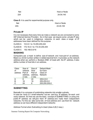 Net
224
Class E- It is used for experimental purpose only.
Net
240.
Host or Node
24.54.145
Host or Node
23.45.105
Private IP
It is not necessary that every time we make a network we are connected to some
ISP (Internet Service Provider). So in that case we require some private IP also
which can be used in indigenous networks .In each class a range of IP
addresses have been defined for this purpose
CLASS A
CLASS B
CLASS C
10.0.0.1 to 10.255.255.244
172.16.0.1 to 172.34.255.254
192.168.0.0/16
MASKING
Computers use a mask to define size of network and host part of an address.
Mask is a 32-bit number written in dotted decimal form. It provides us the network
address when we perform a Boolean AND of mask with the IP address. It also
define number of host bits in an address.
Class Size of
of network
address Part of
address,
in bits
A 8
B 16
C 24
Size of
Host
Part of
address,
in bits
24
16
8
Default Mask
for Each
Class of
Network
255.0.0.0
255.255.0.0
255.255.255.0
SUBNETTING
Basically it is a process of subdividing networks into smaller subnets.
In case we have 2-3 small networks but we cant buy IP address for each and
every network. So here we use the basic concept of SUBNETTING i.e using one
public IP address we will give them IP address and make them independent
networks. For this we take some bits of host address and use them for network
address so we have different independent networks
Address Format when Subnetting Is Used (class A,B,C resp.):
Summer Training Report On Computer Networking
 