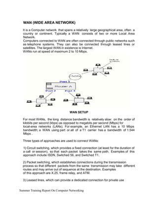 WAN (WIDE AREA NETWORK)
It is a Computer network that spans a relatively large geographical area, often a
country or continent. Typically a WAN consists of two or more Local Area
Network.
Computers connected to WAN are often connected through public networks such
as telephone systems. They can also be connected through leased lines or
satellites. The largest WAN in existence is Internet.
WANs run at speed of maximum 2 to 10 Mbps.
WAN SETUP
For most WANs, the long distance bandwidth is relatively slow: on the order of
kilobits per second (kbps) as opposed to megabits per second (Mbps) for
local-area networks (LANs). For example, an Ethernet LAN has a 10 Mbps
bandwidth; a WAN using part or all of a T1 carrier has a bandwidth of 1.544
Mbps .
Three types of approaches are used to connect WANs:
1) Circuit switching, which provides a fixed connection (at least for the duration of
a call or session), so that each packet takes the same path. Examples of this
approach include ISDN, Switched 56, and Switched T1.
2) Packet switching, which establishes connections during the transmission
process so that different packets from the same transmission may take different
routes and may arrive out of sequence at the destination. Examples
of this approach are X.25, frame relay, and ATM.
3) Leased lines, which can provide a dedicated connection for private use
Summer Training Report On Computer Networking
 