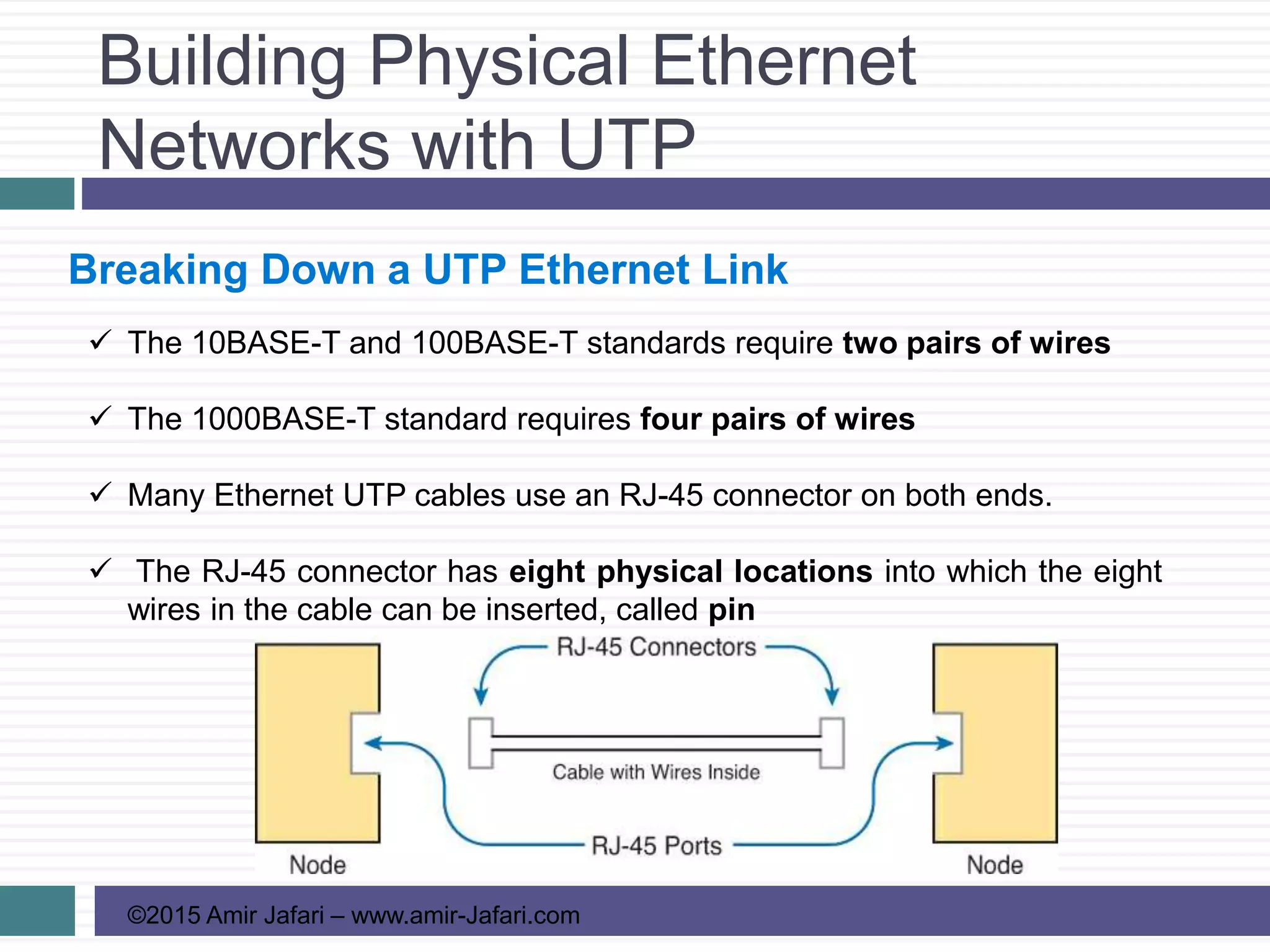 Building Physical Ethernet
Networks with UTP
©2015 Amir Jafari – www.amir-Jafari.com
Breaking Down a UTP Ethernet Link
 The 10BASE-T and 100BASE-T standards require two pairs of wires
 The 1000BASE-T standard requires four pairs of wires
 Many Ethernet UTP cables use an RJ-45 connector on both ends.
 The RJ-45 connector has eight physical locations into which the eight
wires in the cable can be inserted, called pin
 