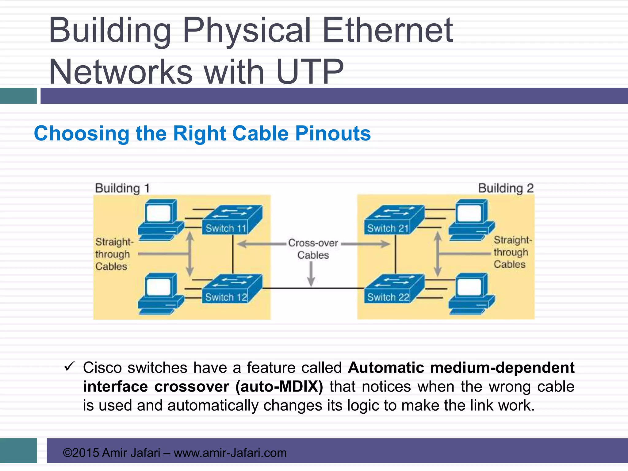 Building Physical Ethernet
Networks with UTP
©2015 Amir Jafari – www.amir-Jafari.com
Choosing the Right Cable Pinouts
 Cisco switches have a feature called Automatic medium-dependent
interface crossover (auto-MDIX) that notices when the wrong cable
is used and automatically changes its logic to make the link work.
 