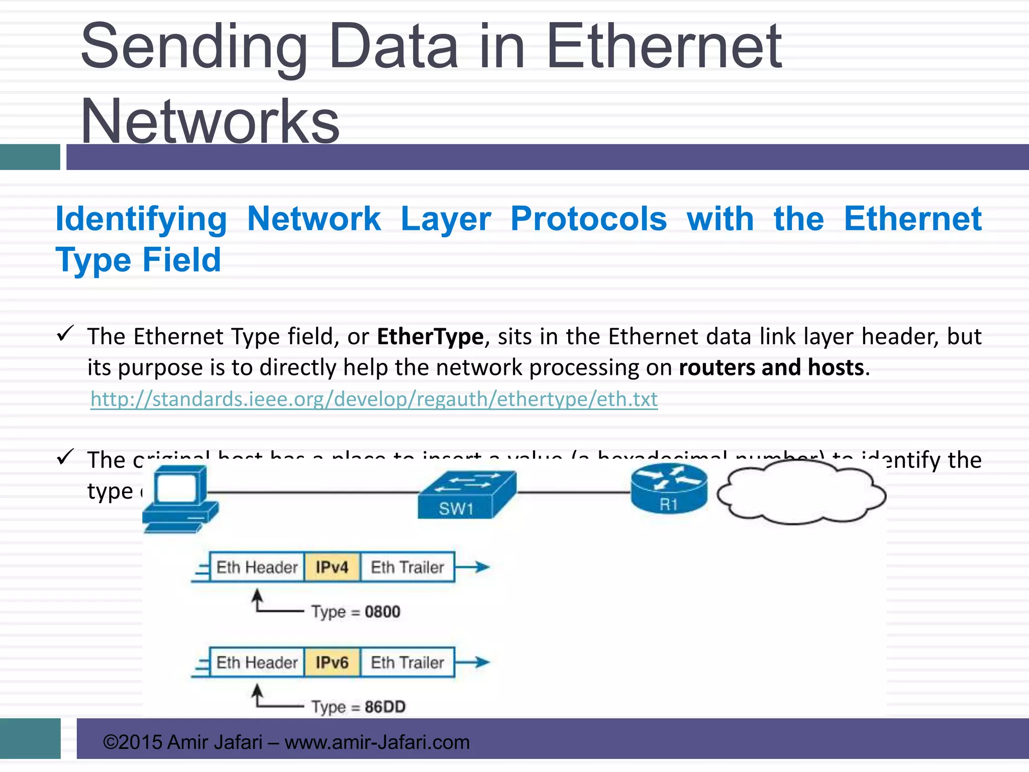 Sending Data in Ethernet
Networks
©2015 Amir Jafari – www.amir-Jafari.com
Identifying Network Layer Protocols with the Ethernet
Type Field
 The Ethernet Type field, or EtherType, sits in the Ethernet data link layer header, but
its purpose is to directly help the network processing on routers and hosts.
http://standards.ieee.org/develop/regauth/ethertype/eth.txt
 The original host has a place to insert a value (a hexadecimal number) to identify the
type of packet encapsulated inside the Ethernet frame.
 