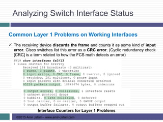 Analyzing Switch Interface Status
©2015 Amir Jafari – www.amir-Jafari.com
Common Layer 1 Problems on Working Interfaces
 The receiving device discards the frame and counts it as some kind of input
error. Cisco switches list this error as a CRC error. (Cyclic redundancy check
[CRC] is a term related to how the FCS math detects an error)
Interface Counters for Layer 1 Problems
 