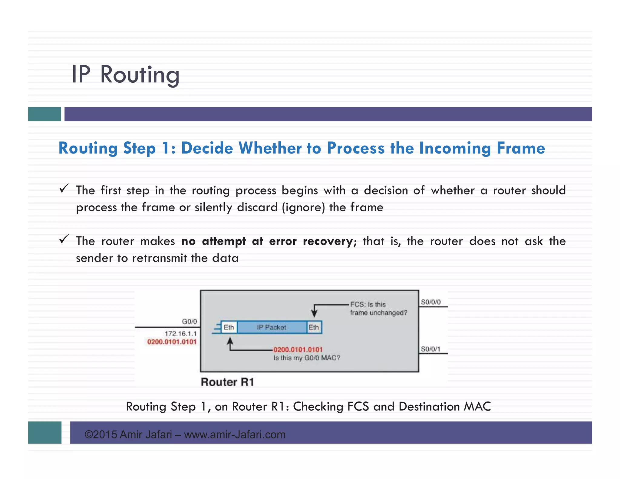 IP Routing
©2015 Amir Jafari – www.amir-Jafari.com
Routing Step 1: Decide Whether to Process the Incoming Frame
The first step in the routing process begins with a decision of whether a router should
process the frame or silently discard (ignore) the frame
The router makes no attempt at error recovery; that is, the router does not ask the
sender to retransmit the data
Routing Step 1, on Router R1: Checking FCS and Destination MAC
 