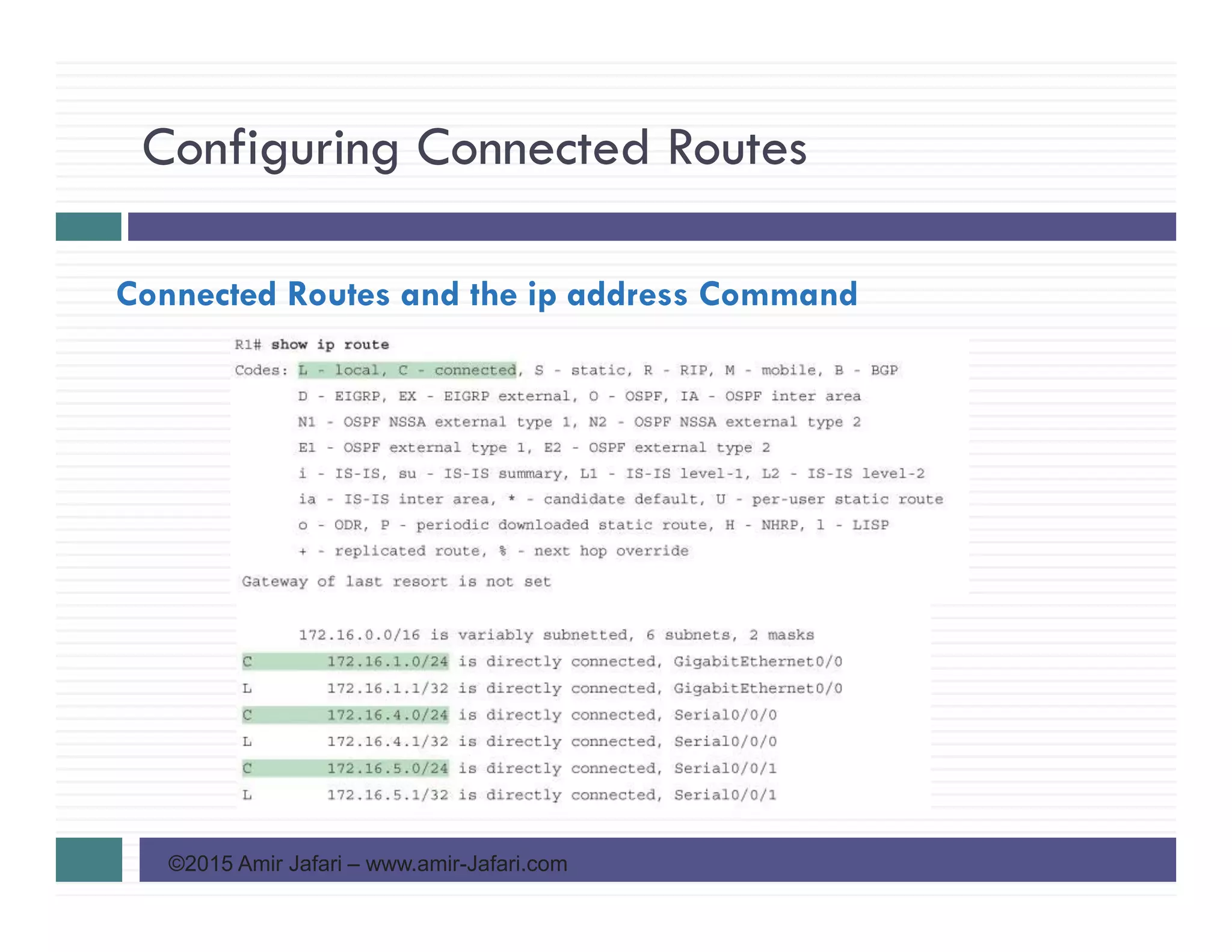 Configuring Connected Routes
©2015 Amir Jafari – www.amir-Jafari.com
Connected Routes and the ip address Command
 
