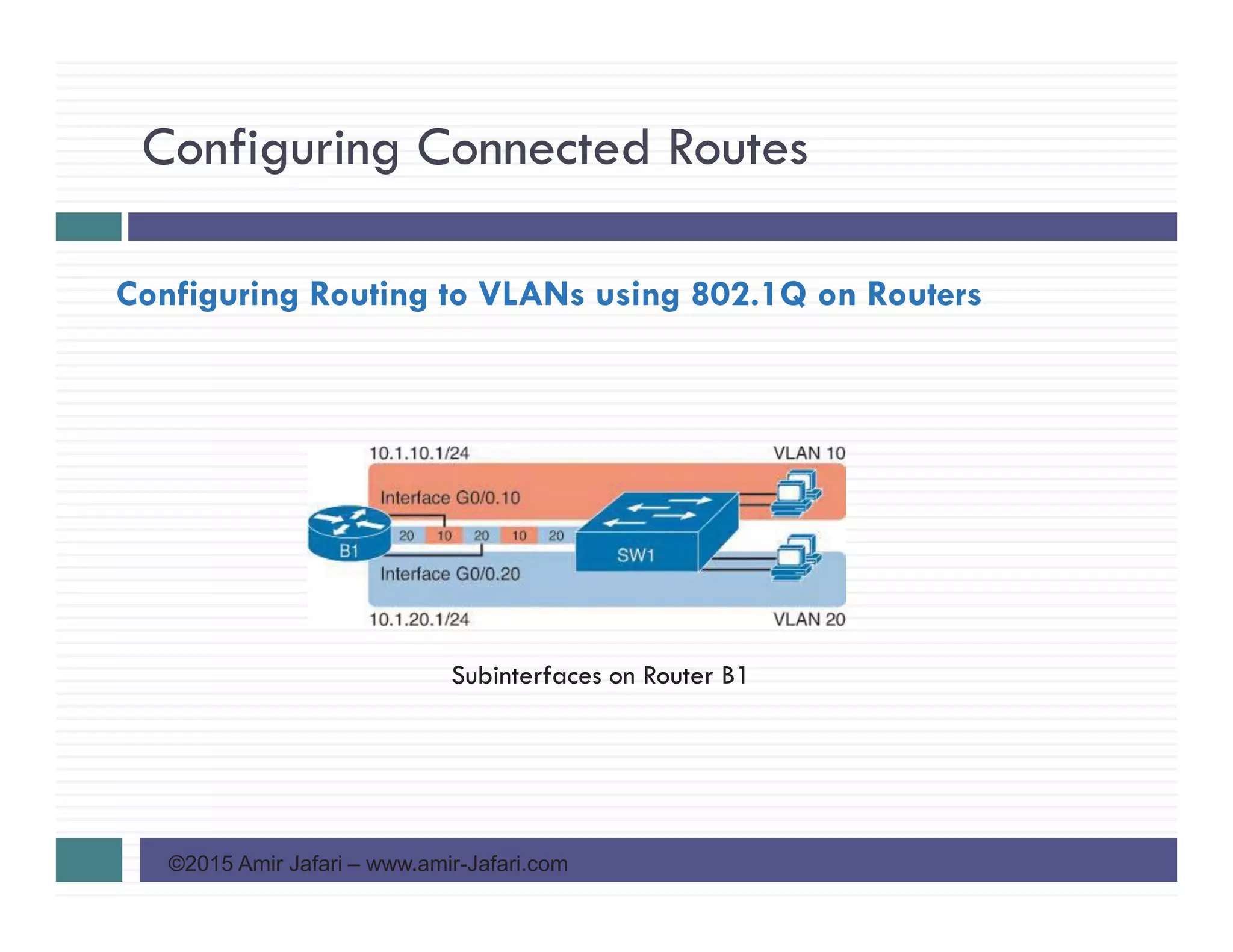 Configuring Connected Routes
©2015 Amir Jafari – www.amir-Jafari.com
Configuring Routing to VLANs using 802.1Q on Routers
Subinterfaces on Router B1
 
