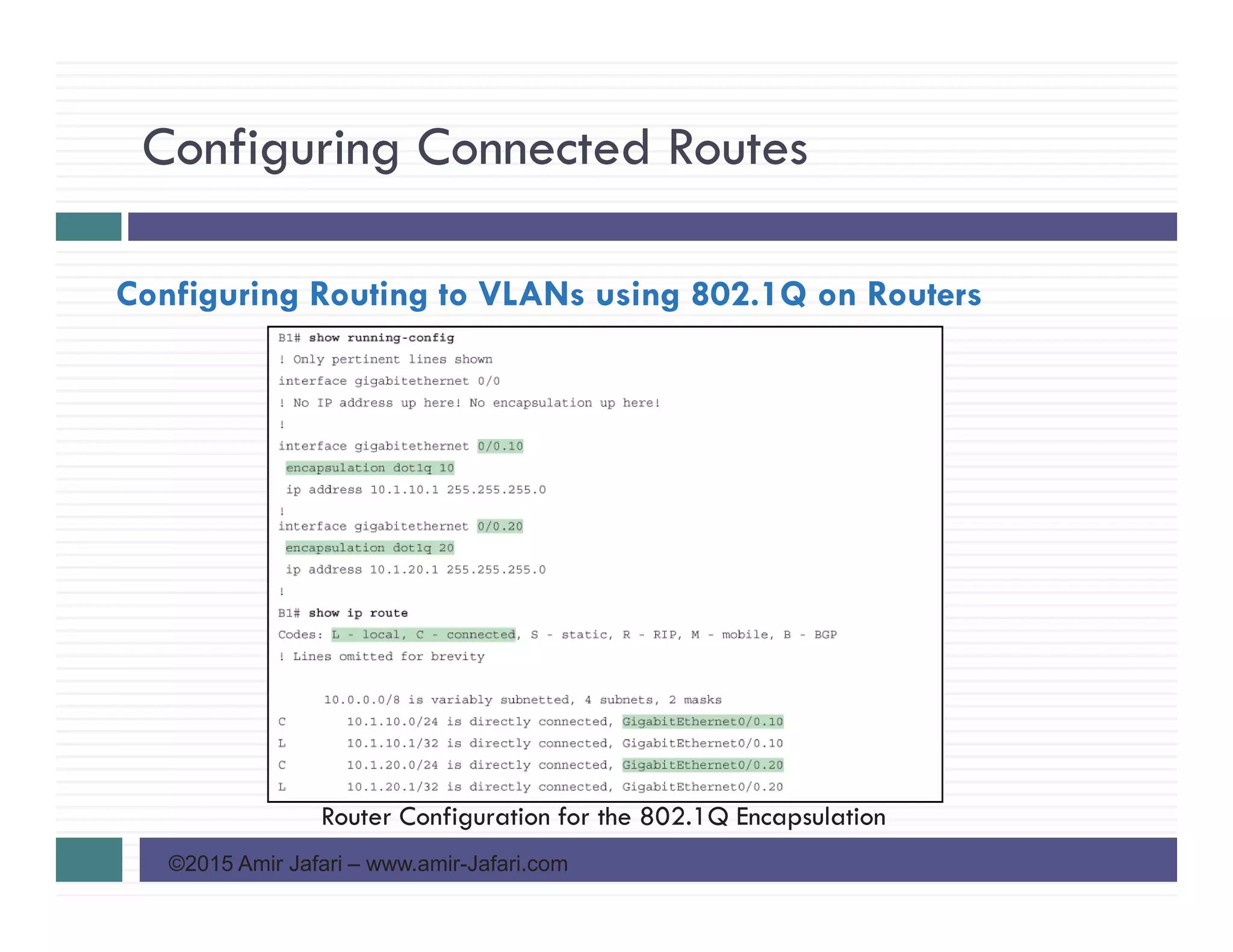 Configuring Connected Routes
©2015 Amir Jafari – www.amir-Jafari.com
Configuring Routing to VLANs using 802.1Q on Routers
Router Configuration for the 802.1Q Encapsulation
 