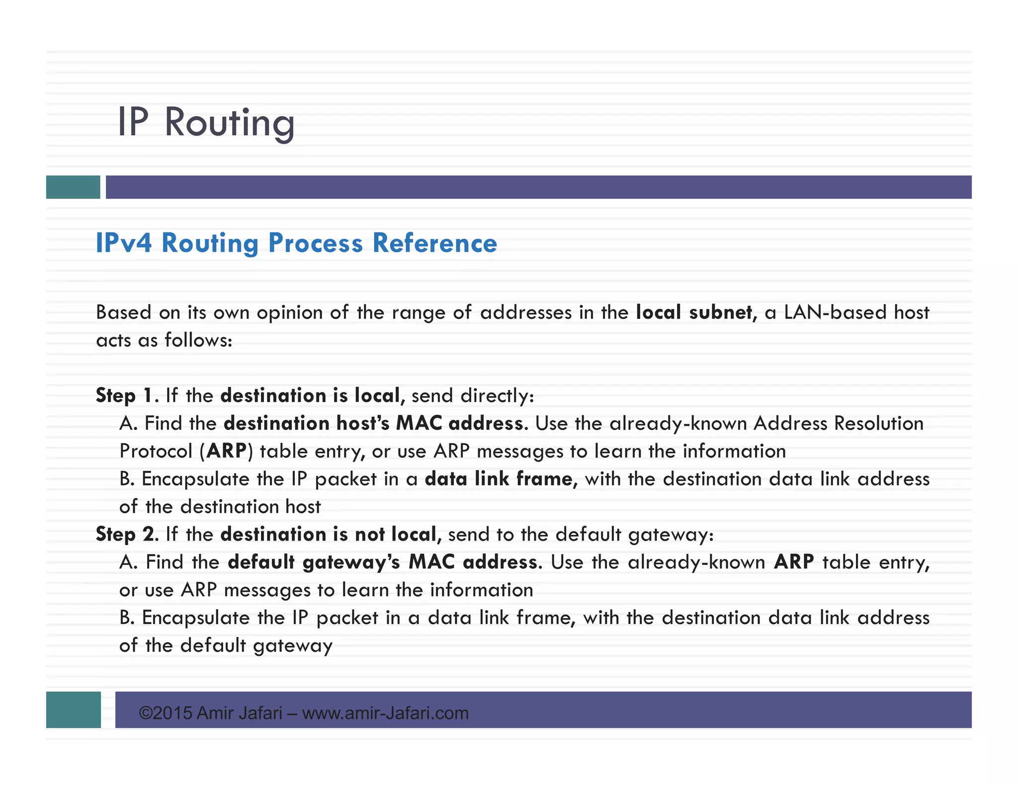 IP Routing
©2015 Amir Jafari – www.amir-Jafari.com
IPv4 Routing Process Reference
Based on its own opinion of the range of addresses in the local subnet, a LAN-based host
acts as follows:
Step 1. If the destination is local, send directly:
A. Find the destination host’s MAC address. Use the already-known Address Resolution
Protocol (ARP) table entry, or use ARP messages to learn the information
B. Encapsulate the IP packet in a data link frame, with the destination data link address
of the destination host
Step 2. If the destination is not local, send to the default gateway:
A. Find the default gateway’s MAC address. Use the already-known ARP table entry,
or use ARP messages to learn the information
B. Encapsulate the IP packet in a data link frame, with the destination data link address
of the default gateway
 
