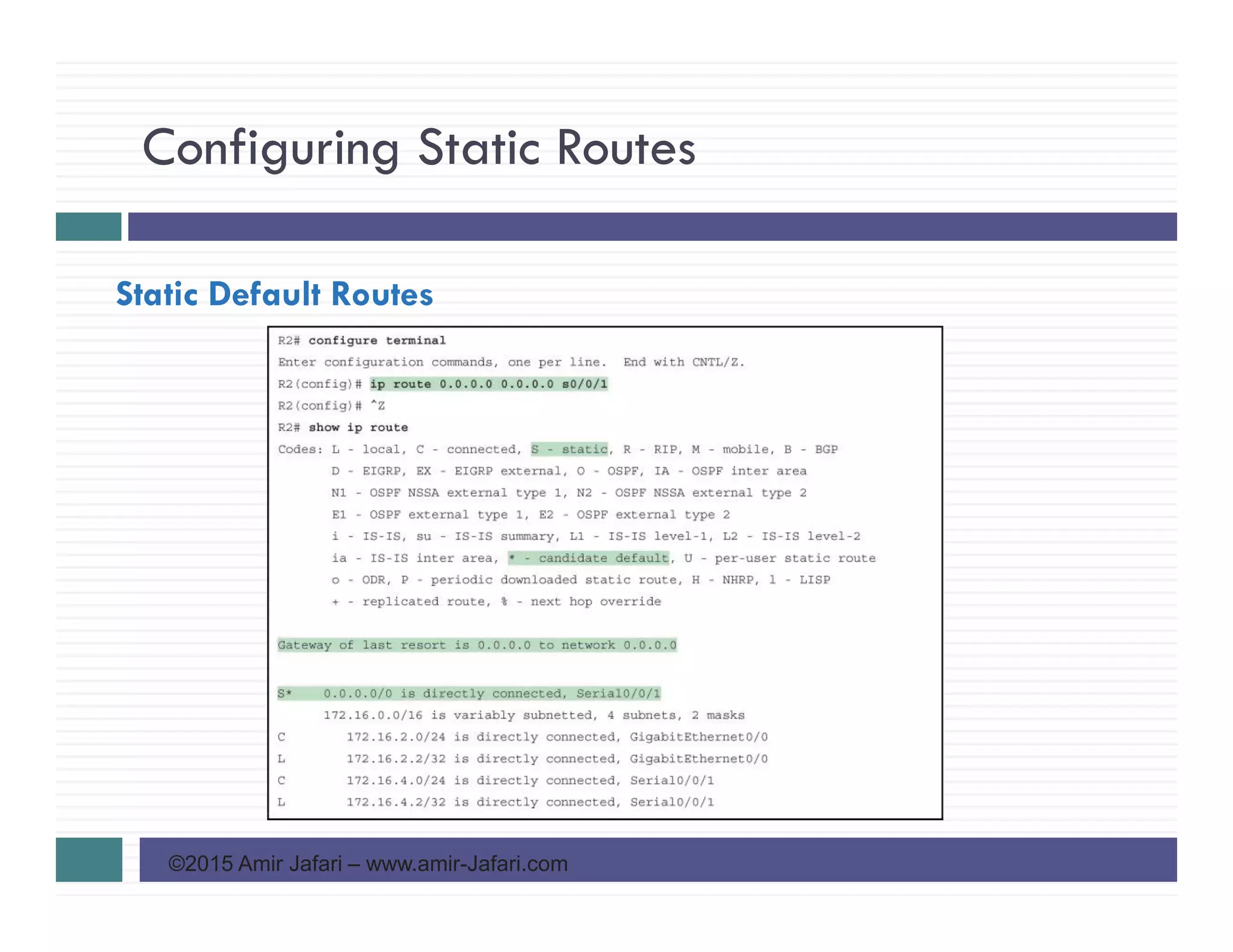 Configuring Static Routes
©2015 Amir Jafari – www.amir-Jafari.com
Static Default Routes
 
