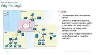 19
© 2016 Cisco and/or its affiliates. All rights reserved. Cisco Confidential
Router Functions
Why Routing?
 Router:
• Connects one network to another
network
• Determines the best route to the
destination before forwarding traffic
to the next router along the path
• Responsible for routing traffic
between network
• Routing table used to determine the
most efficient path to reach the
destination
 
