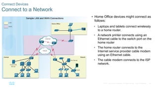 28
© 2016 Cisco and/or its affiliates. All rights reserved. Cisco Confidential
Connect Devices
Connect to a Network
 Home Office devices might connect as
follows:
• Laptops and tablets connect wirelessly
to a home router.
• A network printer connects using an
Ethernet cable to the switch port on the
home router
• The home router connects to the
Internet service provider cable modem
using an Ethernet cable.
• The cable modem connects to the ISP
network.
 