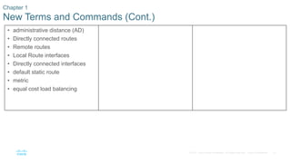 81
© 2016 Cisco and/or its affiliates. All rights reserved. Cisco Confidential
Chapter 1
New Terms and Commands (Cont.)
• administrative distance (AD)
• Directly connected routes
• Remote routes
• Local Route interfaces
• Directly connected interfaces
• default static route
• metric
• equal cost load balancing
 