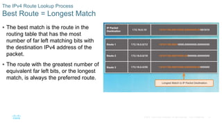 41
© 2016 Cisco and/or its affiliates. All rights reserved. Cisco Confidential
The IPv4 Route Lookup Process
Best Route = Longest Match
 The best match is the route in the
routing table that has the most
number of far left matching bits with
the destination IPv4 address of the
packet.
 The route with the greatest number of
equivalent far left bits, or the longest
match, is always the preferred route.
 