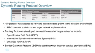 15
© 2016 Cisco and/or its affiliates. All rights reserved. Cisco Confidential
Dynamic Routing Protocol Overview
Dynamic Routing Protocol Overview
 RIP protocol was updated to RIPv2 to accommodate growth in the network environment
• RIPv2 does not scale to current larger network implementations
 Routing Protocols developed to meet the need of larger networks include:
• Open Shortest Path First (OSPF)
• Intermediate System-to-Intermediate System (IS-IS).
• Enhanced IGRP (EIGRP)
 Border Gateway Protocol (BGP) is used between Internet service providers (ISPs)
 