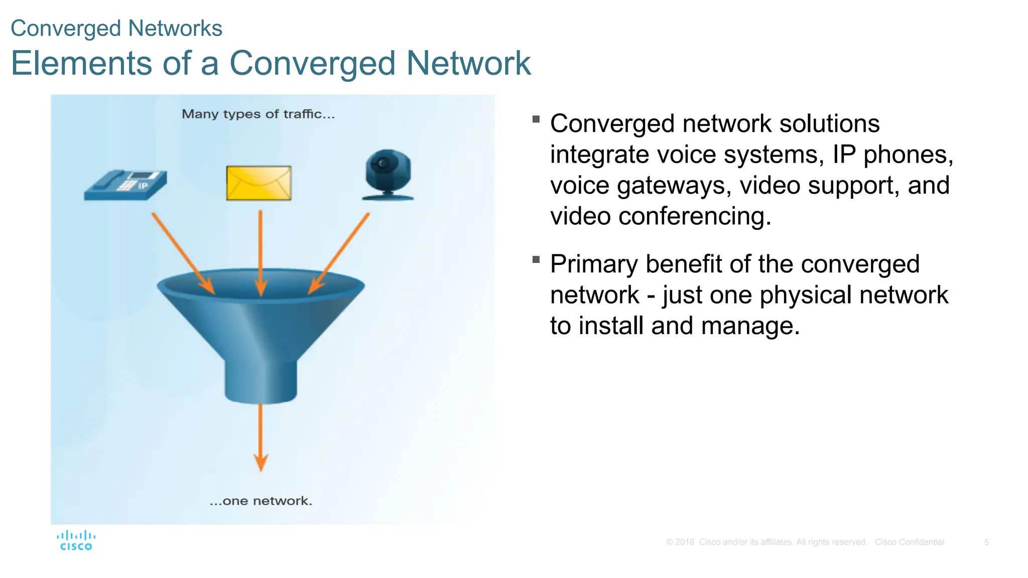 5
© 2016 Cisco and/or its affiliates. All rights reserved. Cisco Confidential
Converged Networks
Elements of a Converged Network
 Converged network solutions
integrate voice systems, IP phones,
voice gateways, video support, and
video conferencing.
 Primary benefit of the converged
network - just one physical network
to install and manage.
 