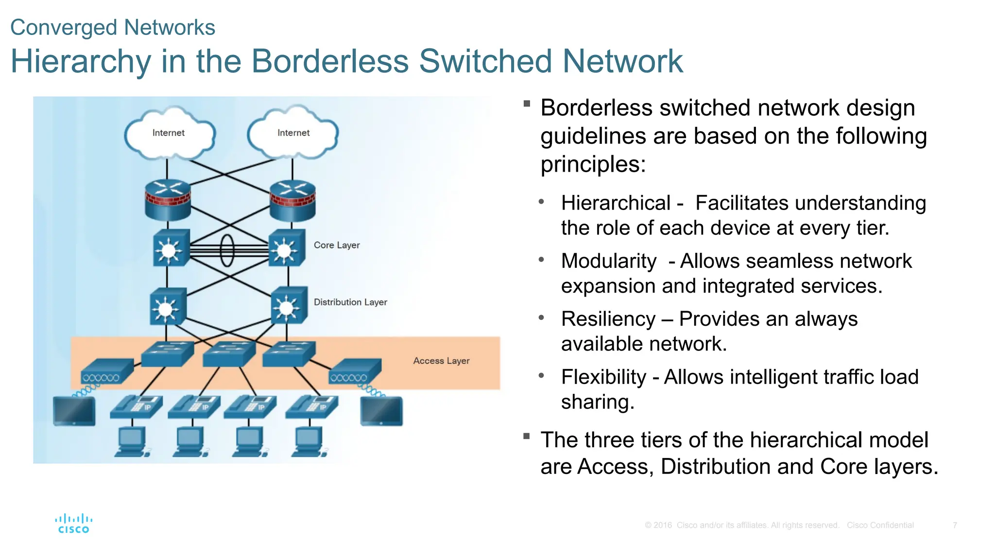 7
© 2016 Cisco and/or its affiliates. All rights reserved. Cisco Confidential
Converged Networks
Hierarchy in the Borderless Switched Network
 Borderless switched network design
guidelines are based on the following
principles:
• Hierarchical - Facilitates understanding
the role of each device at every tier.
• Modularity - Allows seamless network
expansion and integrated services.
• Resiliency – Provides an always
available network.
• Flexibility - Allows intelligent traffic load
sharing.
 The three tiers of the hierarchical model
are Access, Distribution and Core layers.
 