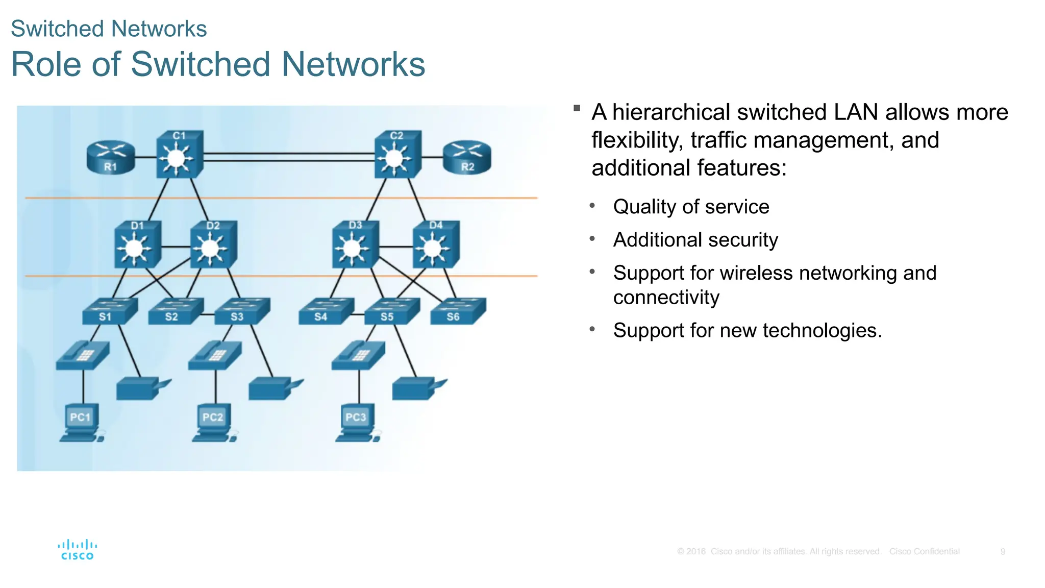 9
© 2016 Cisco and/or its affiliates. All rights reserved. Cisco Confidential
Switched Networks
Role of Switched Networks
 A hierarchical switched LAN allows more
flexibility, traffic management, and
additional features:
• Quality of service
• Additional security
• Support for wireless networking and
connectivity
• Support for new technologies.
 
