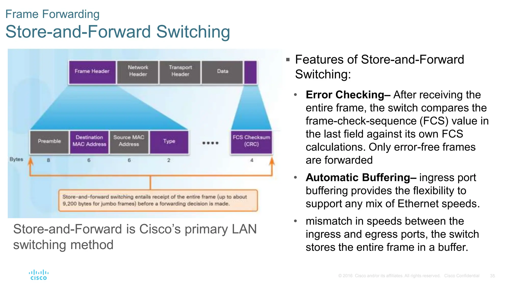 35
© 2016 Cisco and/or its affiliates. All rights reserved. Cisco Confidential
Frame Forwarding
Store-and-Forward Switching
 Features of Store-and-Forward
Switching:
• Error Checking– After receiving the
entire frame, the switch compares the
frame-check-sequence (FCS) value in
the last field against its own FCS
calculations. Only error-free frames
are forwarded
• Automatic Buffering– ingress port
buffering provides the flexibility to
support any mix of Ethernet speeds.
• mismatch in speeds between the
ingress and egress ports, the switch
stores the entire frame in a buffer.
Store-and-Forward is Cisco’s primary LAN
switching method
 